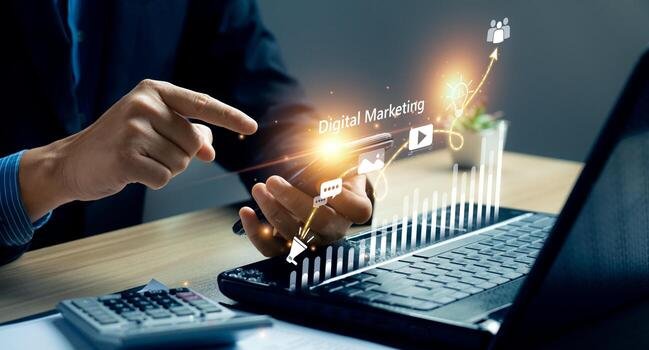 Person using a smartphone with digital marketing, SEO, SEM, analytics, and content icons